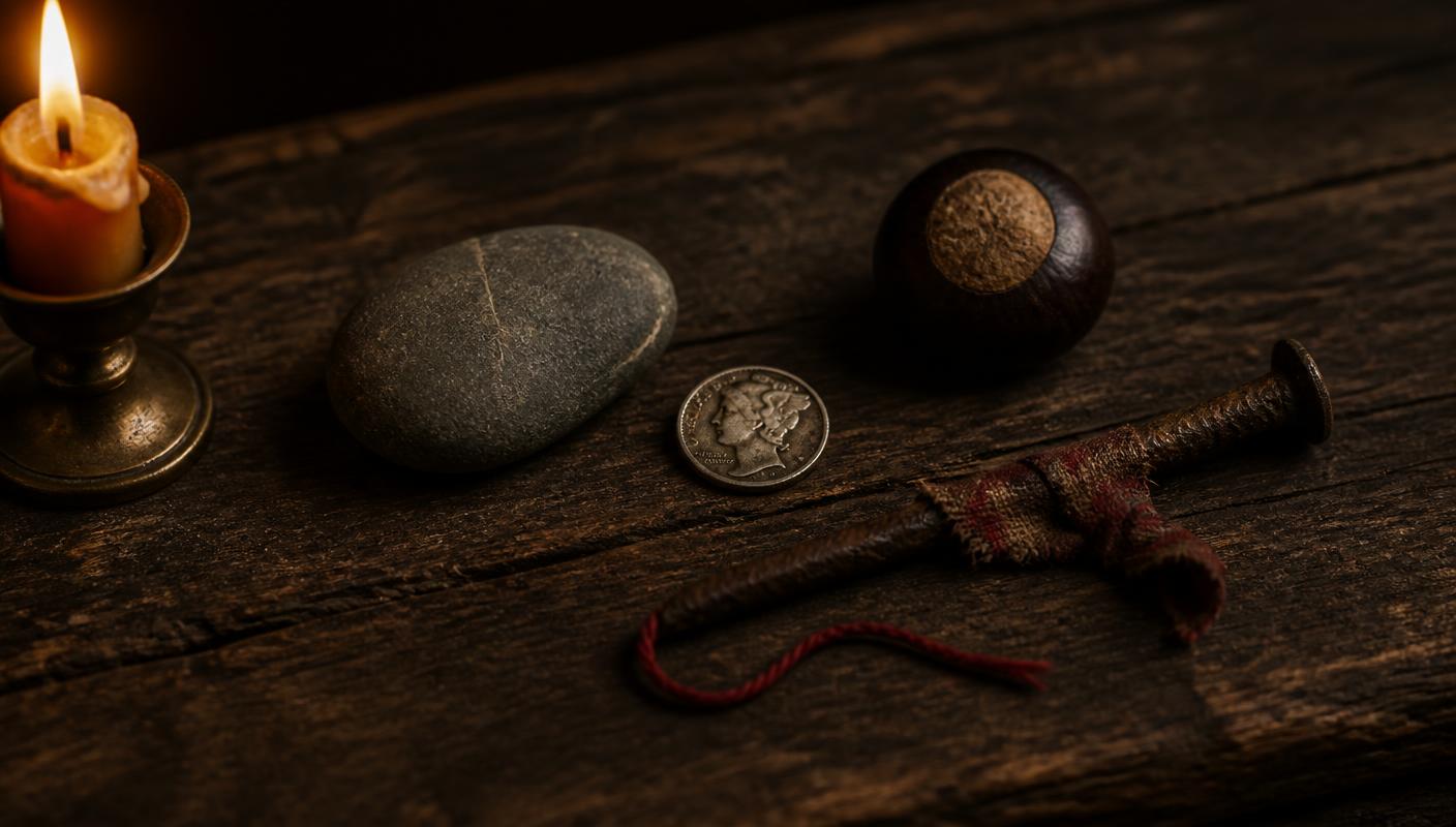 Appalachian pocket charms resting on weathered wood